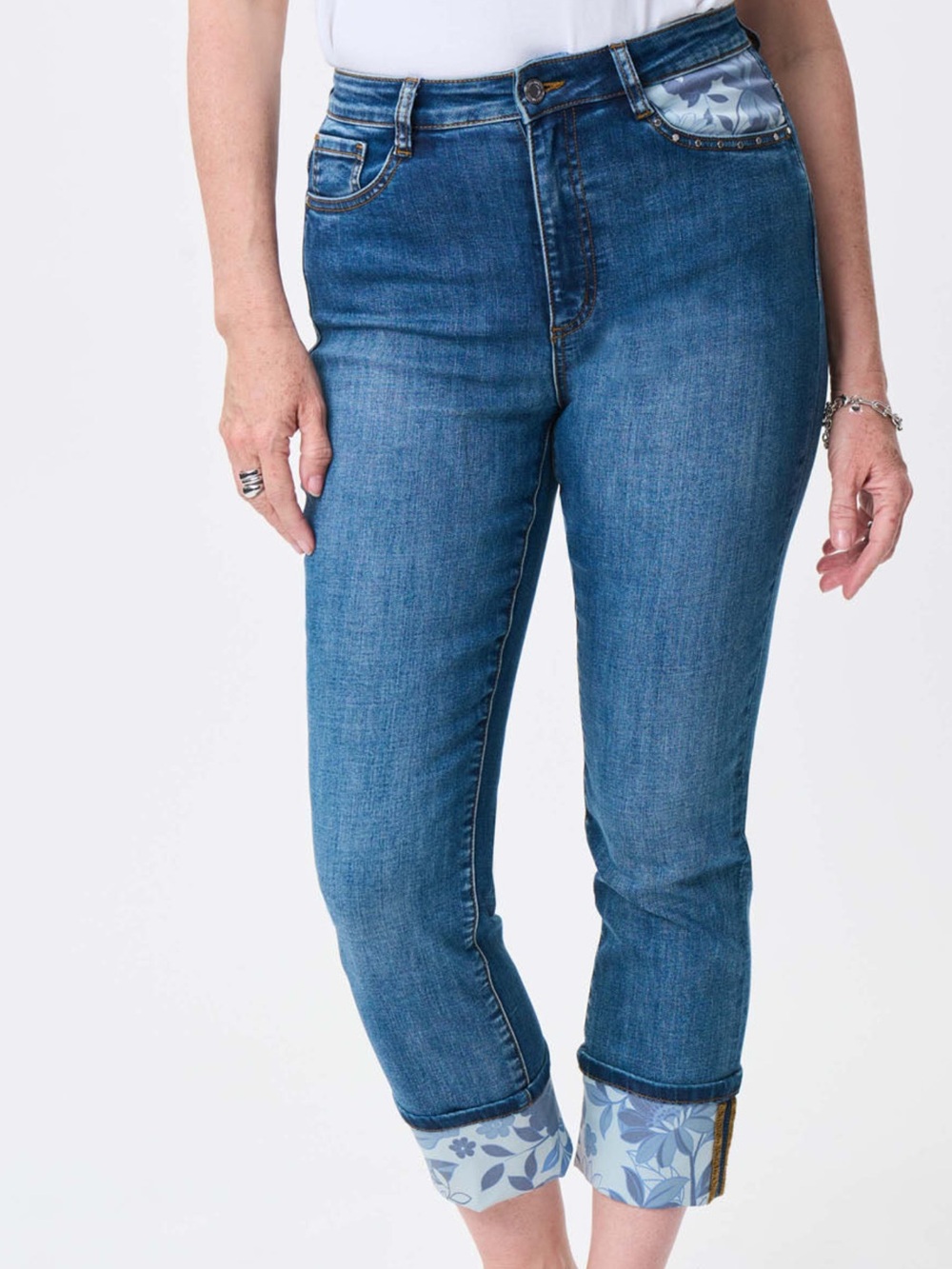 Joseph Ribkoff Denim Medium Blue Floral Print Cropped Jeans Style 231928